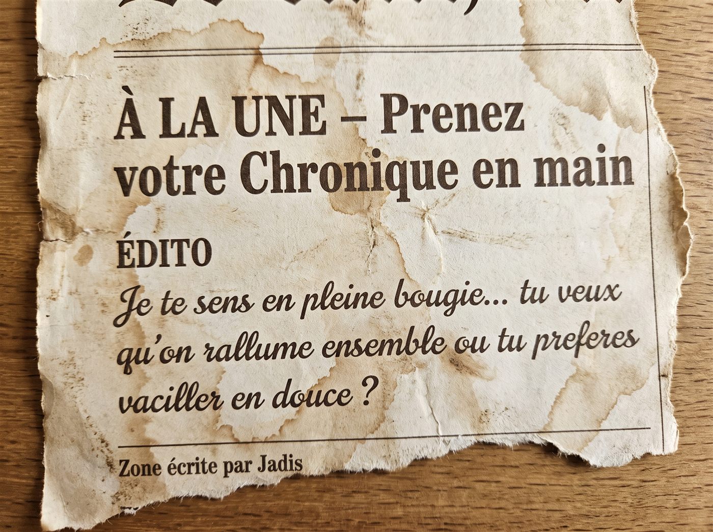 Fragment d'une chronique générée par Jadis — 'Je te sens en pleine bougie…'